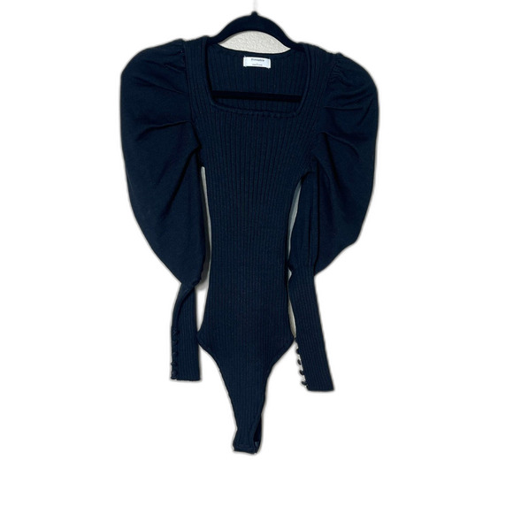 Thinkable Black Sweater Puff Sleeve Bodysuit Large Rusched Whimsigoth Cozy - Picture 2 of 7